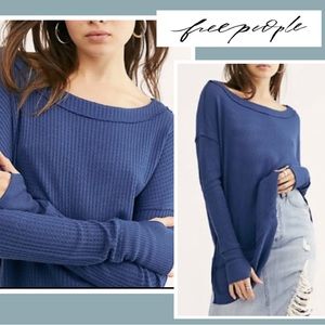 Free People North Shore Long Sleeve Deep Blue Thermal Tunic Top Oversized S